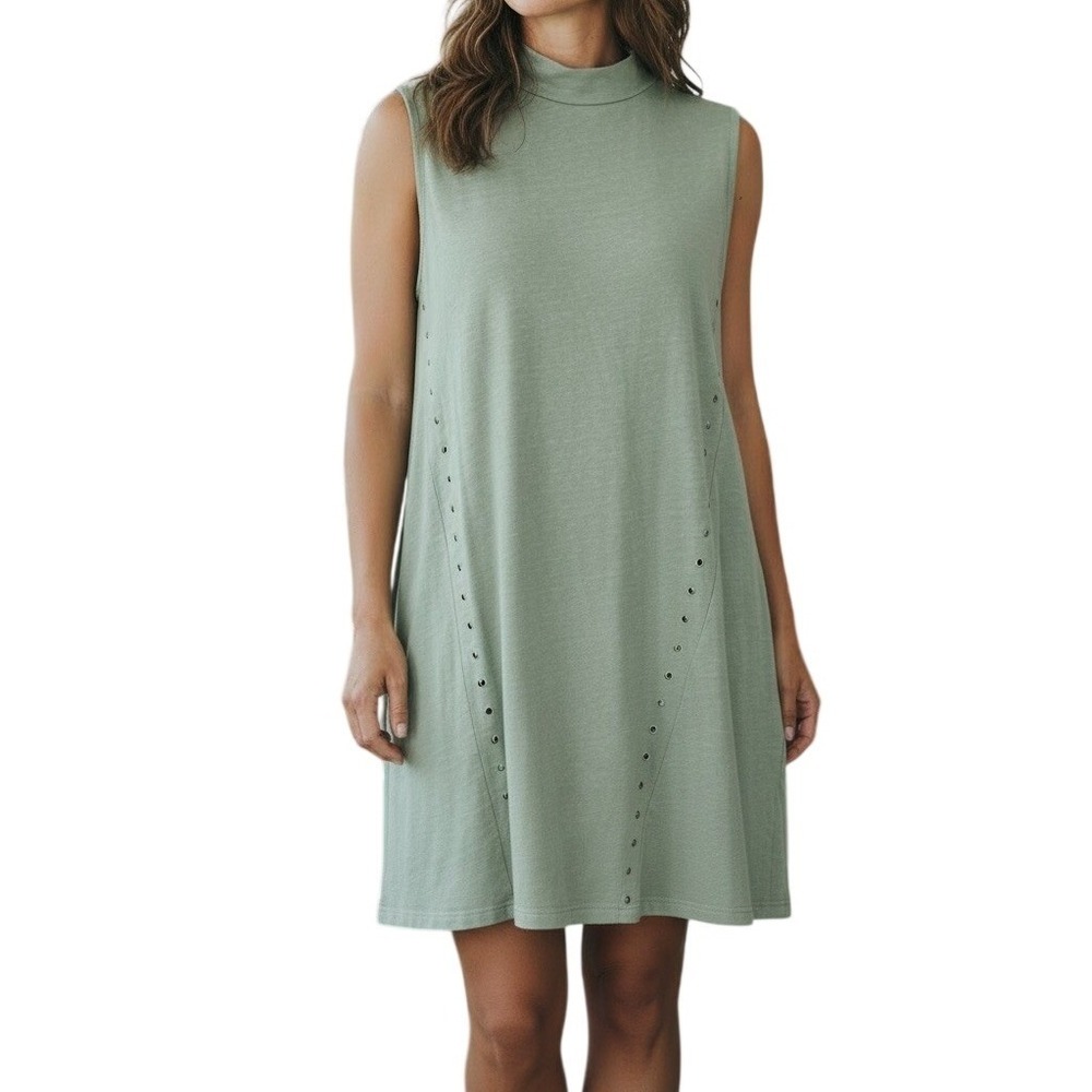 SIMPLY NOELLE Sage Green Sleeveless Mock Neck Studded Cotton Dress Women's 12/14